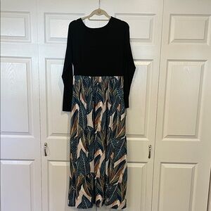 Elegant Black and Multicolor Leaf Print Dress